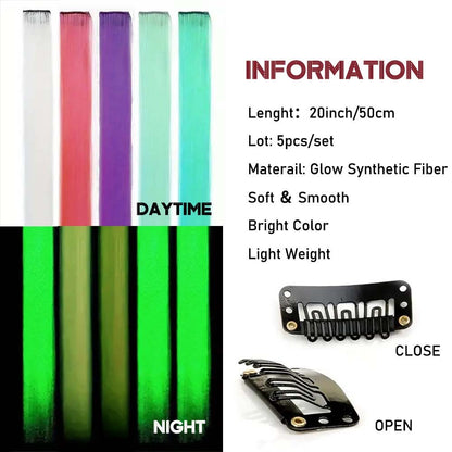 5 Unidades Mechas de Cabelo Luminosas Sintéticas Neon Presilha Fake Acessórios de Cabelo para Festas Extensão de Cabelo Brilha no Escuro Y2K