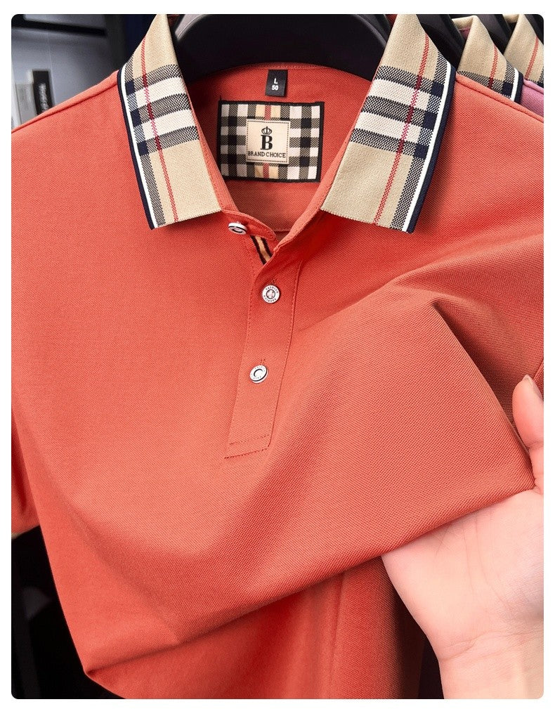 Luxury brand short sleeve polo shirt men's summer new silk cotton breathable fashion top casual business plaid lapel T-shirt