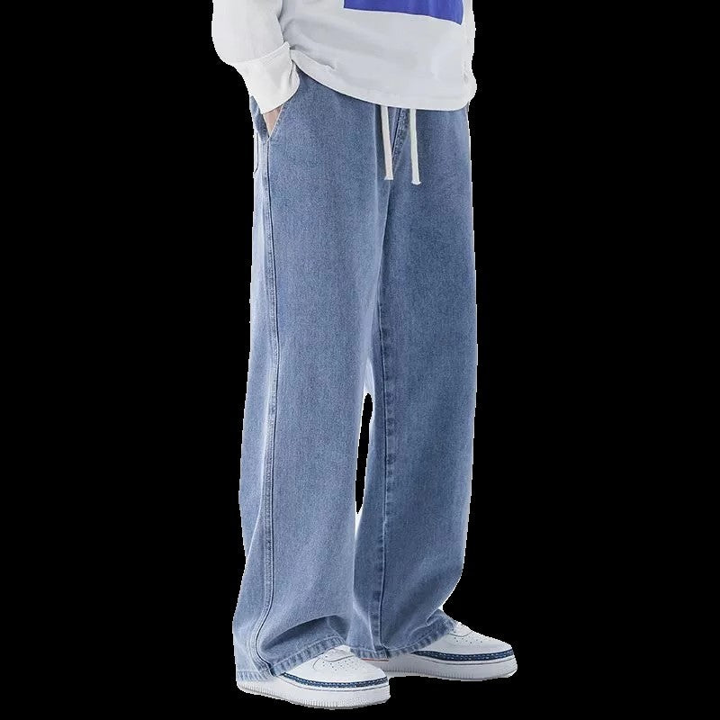 Casual Outdoor Men's Jeans Elastic Waist Loose Fit Long Pants Spring Autumn Workwear Comfortable Straight Leg Blue Denim