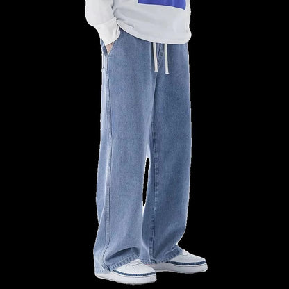Casual Outdoor Men's Jeans Elastic Waist Loose Fit Long Pants Spring Autumn Workwear Comfortable Straight Leg Blue Denim
