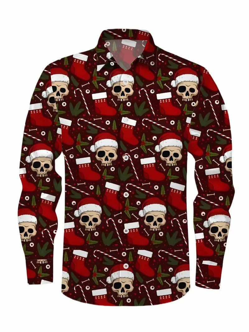 Christmas themed men's 3D hat printed formal shirt, Christmas pattern long sleeved shirt, fashionable men's shirt
