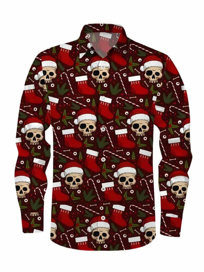 Christmas themed men's 3D hat printed formal shirt, Christmas pattern long sleeved shirt, fashionable men's shirt