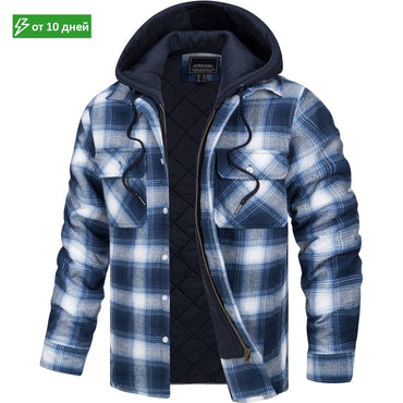MAGCOMSEN Men's Flannel Jacket with Removable Hood 5 Pockets Plaid Quilted Lined Winter Coats Thick Hoodie Outwear Fleece Jacket