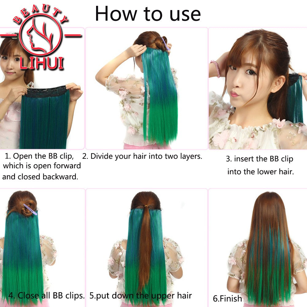 Extensões de cabelo sintéticas com clipe, longas e lisas, com 5 clipes em uma única peça, extensões de cabelo multicoloridas LIHUI