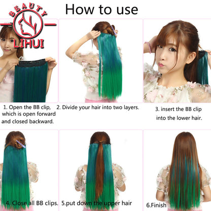 Extensões de cabelo sintéticas com clipe, longas e lisas, com 5 clipes em uma única peça, extensões de cabelo multicoloridas LIHUI