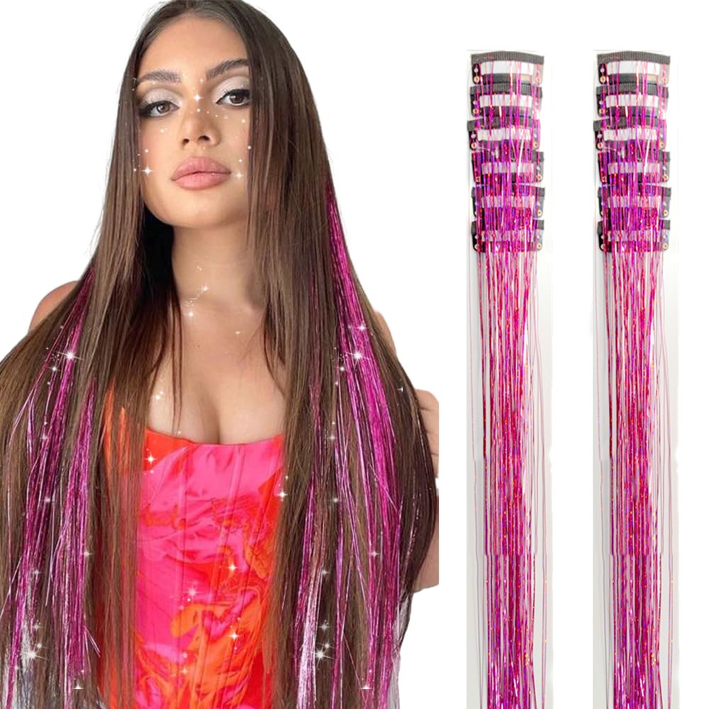 Pacote de 12 Unidades de Cabelo Extensor com Presilha, Tinsel Colorido com Brilho, Extensões de Cabelo de Fada, Acessório Cintilante para Festa de Mulheres, Meninas e Crianças