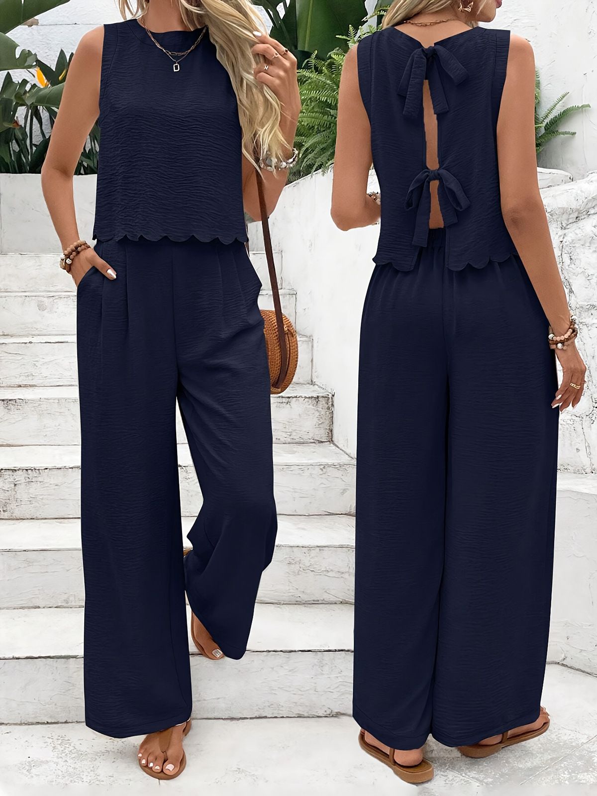 Women's Summer Muscle Simple Everyday Old Money Style Linen Tie Two Piece Set, Shell Trimmed Sleeveless Top And Pants Set