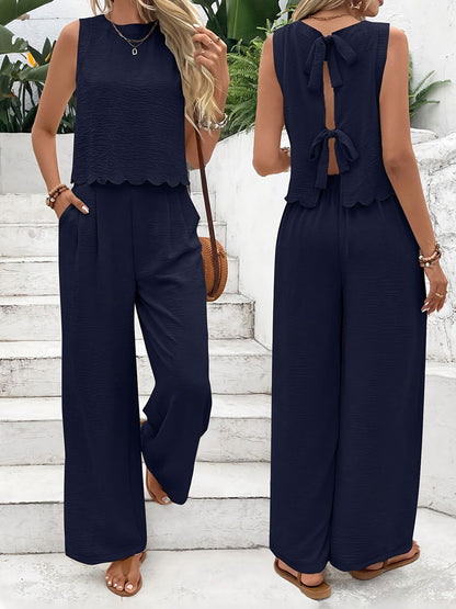 Women's Summer Muscle Simple Everyday Old Money Style Linen Tie Two Piece Set, Shell Trimmed Sleeveless Top And Pants Set