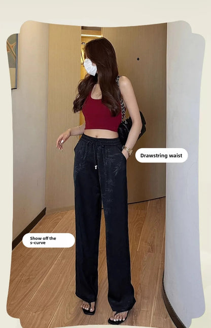Plus Size Acetate Wide Leg Pants Women's Spring Autumn National Style Print High Waist Slimming Drapey Cool Large Size Women'...