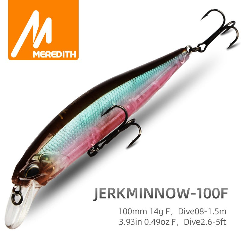 MEREDITH JERK MINNOW 100F 14g Flutuante Wobbler Isca de Pesca 24 Cores Isca Minnow Isca Dura Qualidade Profissional Profundidade0.8-1.0m