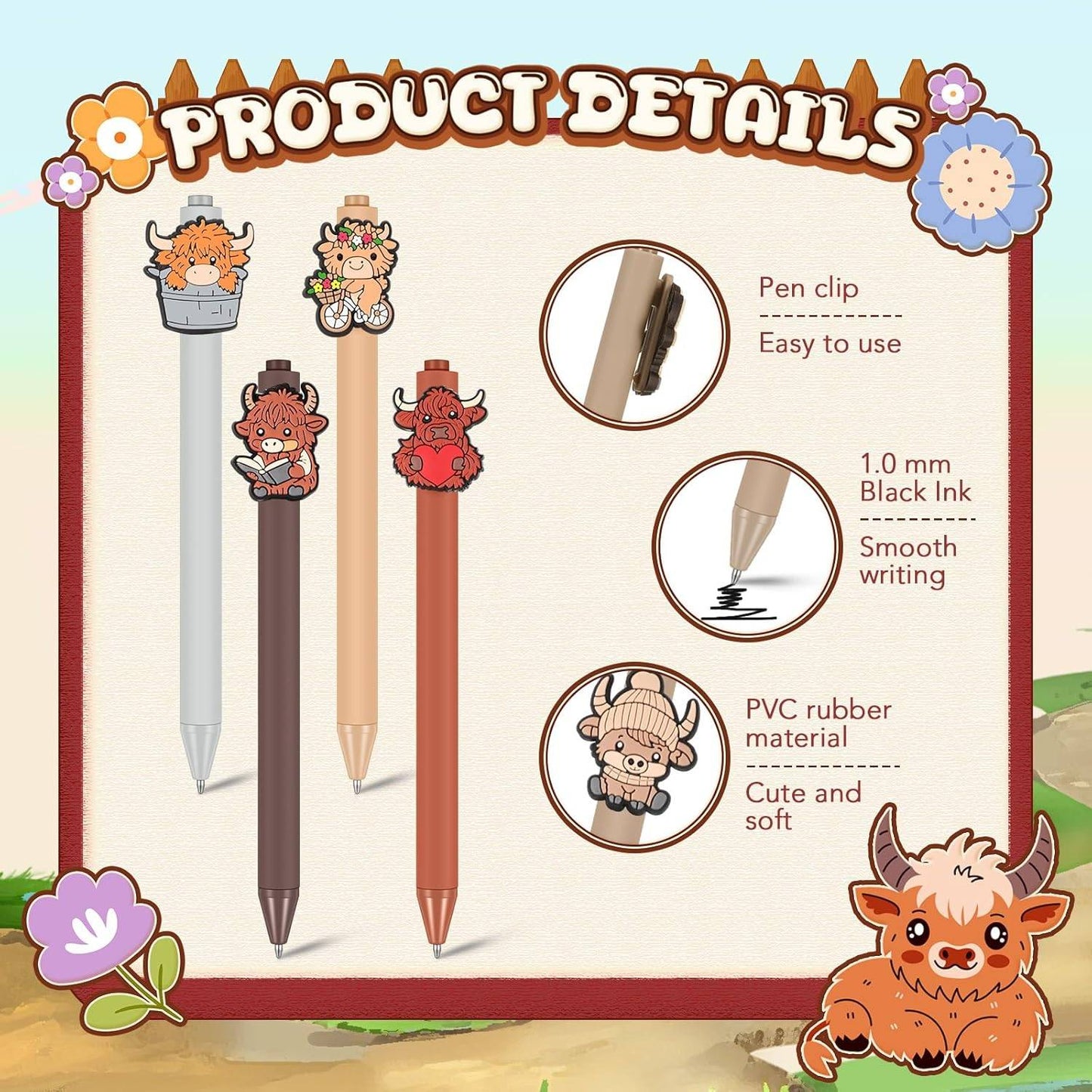 10 Pcs Cute Highland Cow Printed Pens Highland Cow Pen Set School Home Office Stationery Valentine Gift Accessories