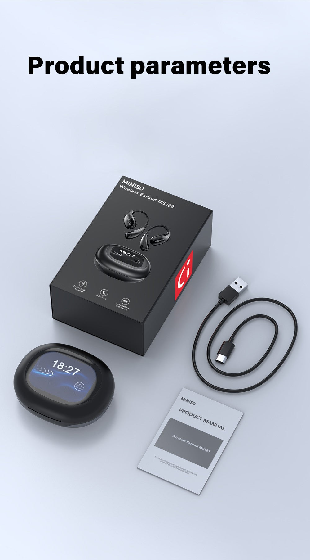 MINISO MS189 Fones de Ouvido Sem Fio Bluetooth 5.4 Fone de Ouvido Esportivo Bateria de Longa Duração Controle por Botão Redução de Ruído Com Microfone