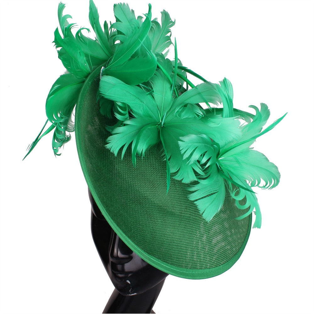 Bonés Cinzentos Millinery Com Acessórios de Tiara Imitação Sinamay Chapéu Derby de Coquetel Feminino Fascinadores de Cabelo de Noiva com Pena Chique