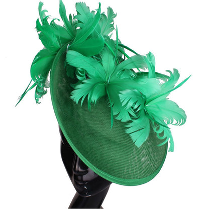 Bonés Cinzentos Millinery Com Acessórios de Tiara Imitação Sinamay Chapéu Derby de Coquetel Feminino Fascinadores de Cabelo de Noiva com Pena Chique