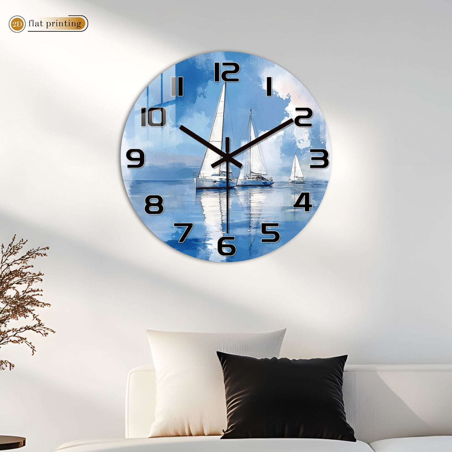 Sailboat Ocean Watercolor Wall Clock, Nautical Coastal Home Office Decor, Silent Quartz Movement Timekeeping Art