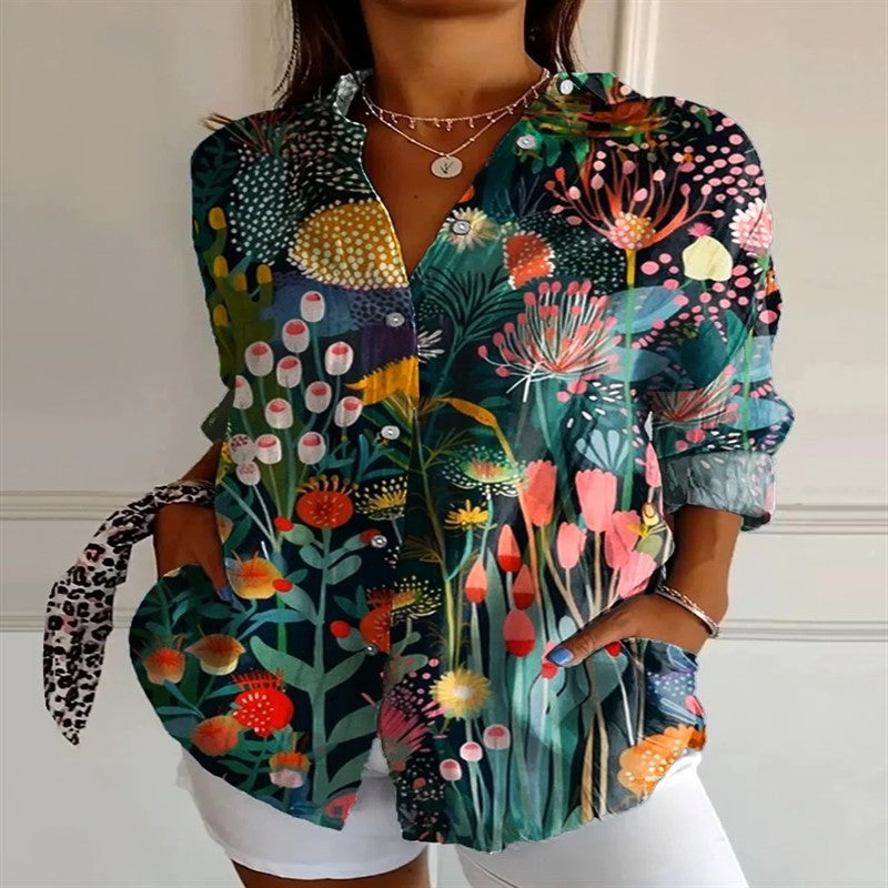 2025 New Retro Floral Art Print Casual Linen Shirt Fashionable Pretty Shirt Fast Shipping
