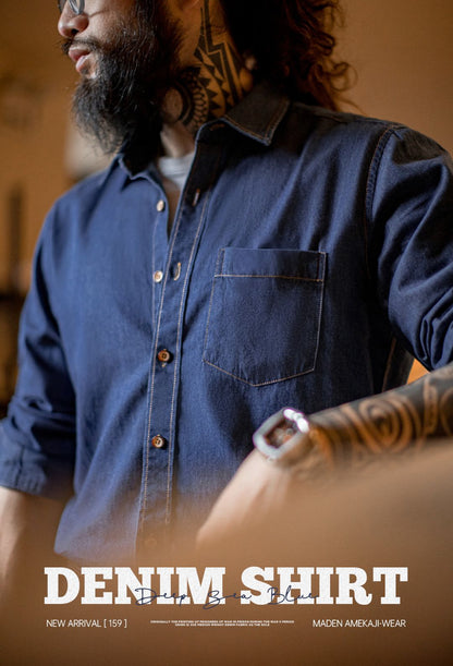 Maden Men Vintage Single Pocket Workwear Denim Shirt Long Sleeved Slim Fit Casual Shirt Single Breasted Turn-Down Collar Blouse