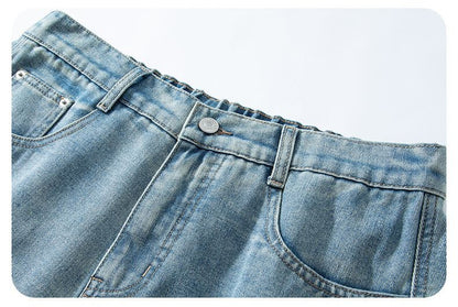 Summer New Baggy Denim Shorts Fashion Casual Straight Harajuku Jeans Male Vintage Wash Drawstring Short Pants Streetwear