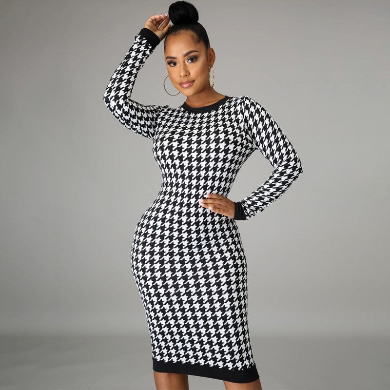 Houndstooth Print Women Long Sleeve Midi Dress Hollow Out Bodycon Sexy Streetwea