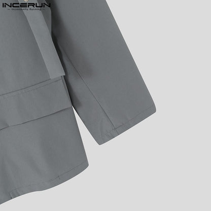 INCERUN Korean Fashion Men Blazer Casual  Long Sleeve Solid Tops Pocket Button Steetwear Male Outfits Well Fitting Vintage Coats
