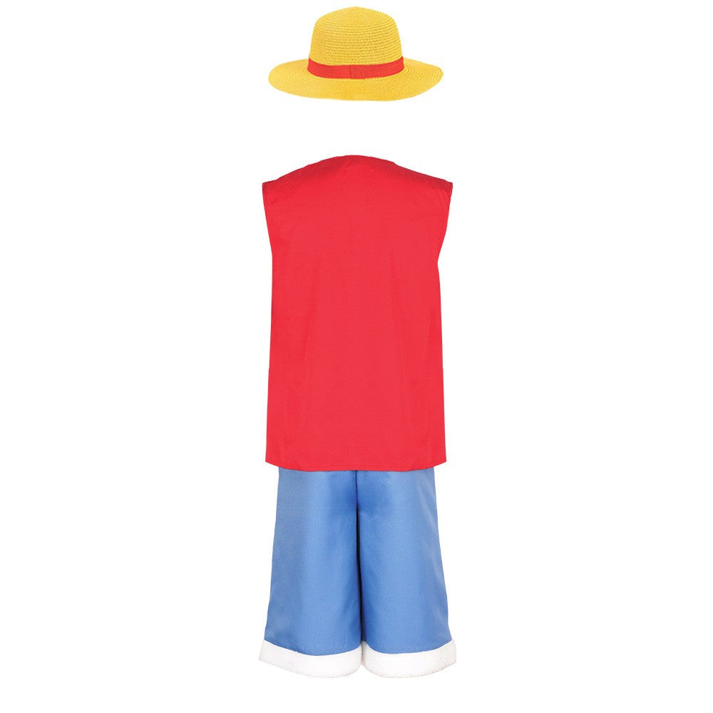 LUFEI cosplay costume set, pirate style red vest+blue shorts+straw hat, anime enthusiast cosplay event full outfit