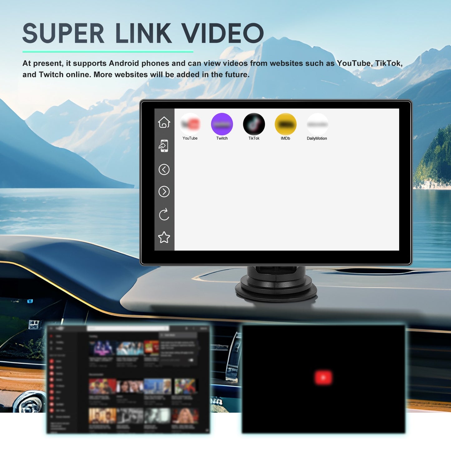 Player de Vídeo Multimídia de Rádio para Espelho de Carro Portátil de 9" Universal Sem Fio CarPlay Android Auto Tela Bluetooth AUX TF GPS DVR