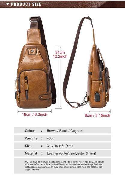 HUMERPAUL Men's Usb Chest Bag 100% Genuine Leather Crossbody Shoulder Bags Multifunction Travel Outdoor Messenger Pack Fashion
