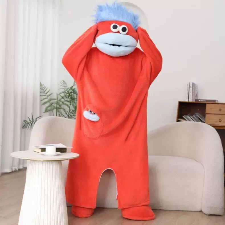 Funny Big Mouth Monster Onesie Pajamas Fluffy Coral Fleece Hooded Loungewear with Pocket Cartoon Party Costume