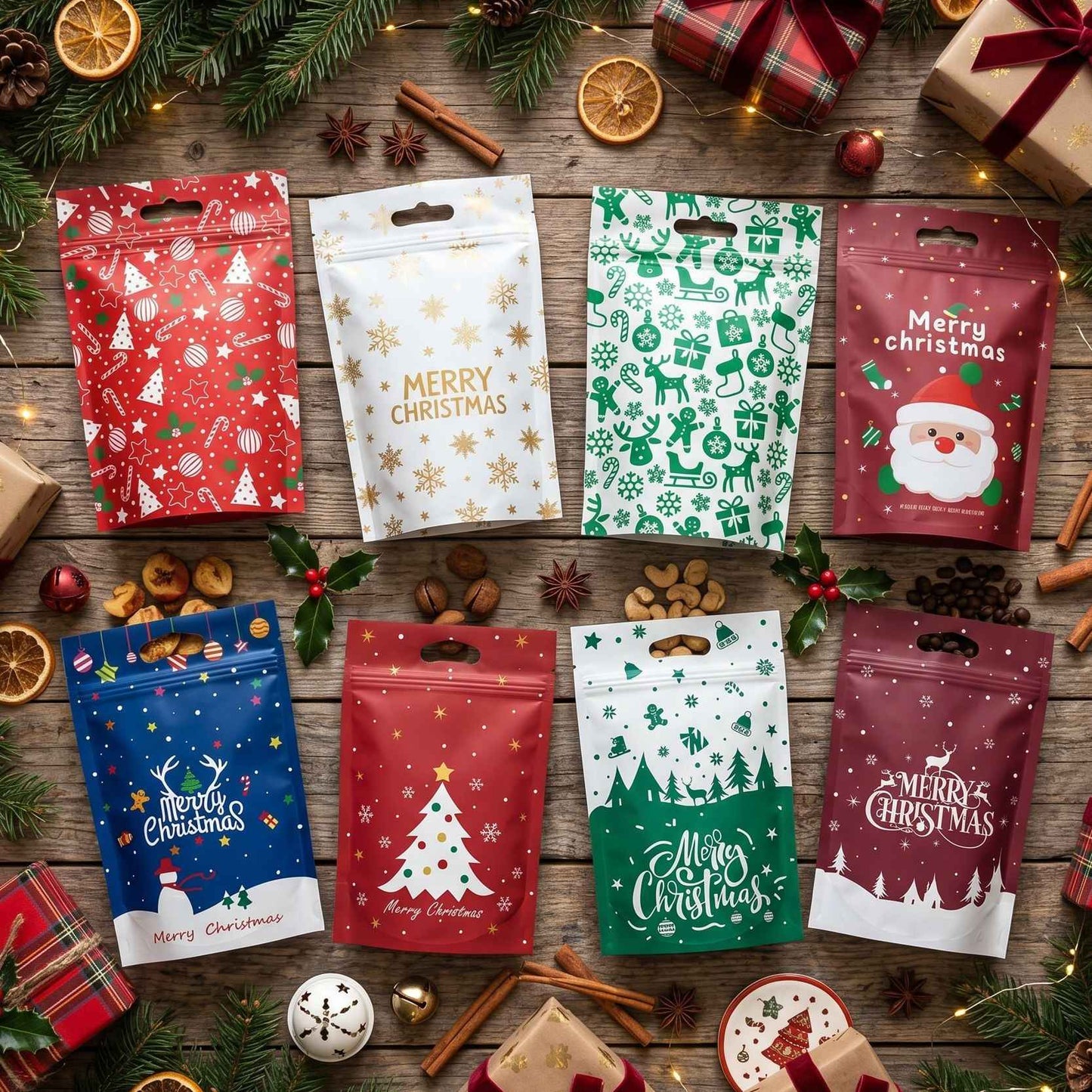 50Pcs Resealable Christmas Zip Lock Bags 50PCS Clear Christmas Plastic Sealing Bags with Handles for Xmas Holiday Party Candy