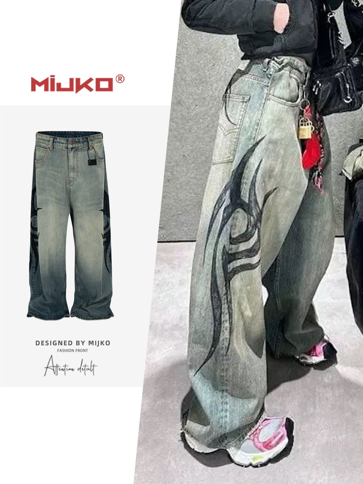 MIJKO New Retro Dragon Pattern Totem Print Bamboo Baggy Drawstring Washed Jeans For Men Women Denim Pants ZJ083