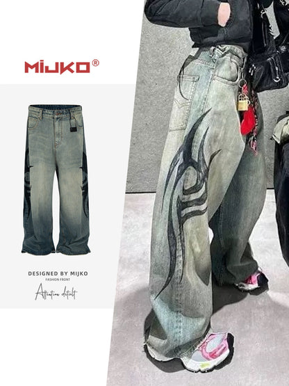 MIJKO New Retro Dragon Pattern Totem Print Bamboo Baggy Drawstring Washed Jeans For Men Women Denim Pants ZJ083