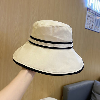 Women Summer Wide Brim Striped Bucket Hat Soft Cotton Fordable Panama Cap For Lady Outdoor Solid Color JK Beach Tour Basin Hat