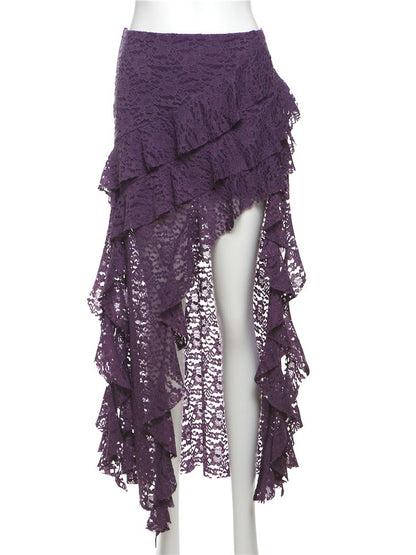 Nibber Tassels Women Skirts Irregular Hem Multi-Layered Ruffles Lace Patchwork S