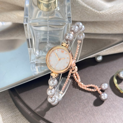 French Romantic Pearl Pull Cord Handheld Watch Elegant Small Fashion Bracelet Quartz Wristwatch Stylish Portable Timepiece