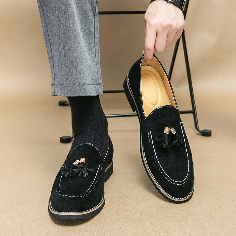 New Fashion Tassel Leather Men Shoes Slip On Loafers Round Toe Patchwork Suede Dress Shoes Man Daily Wedding Party Shoes for Man
