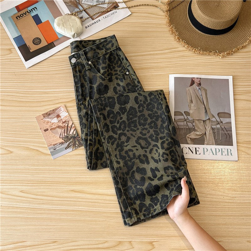 Casual Loose Womens Jeans Retro American Style Leopard Print Design Straight Leg Pants Workwear Fashion Winter  Women's pants