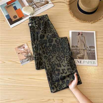 Casual Loose Womens Jeans Retro American Style Leopard Print Design Straight Leg Pants Workwear Fashion Winter  Women's pants