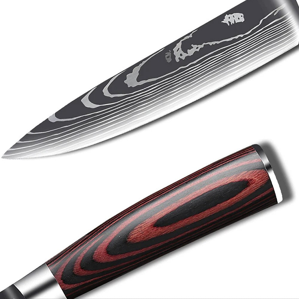 Conjunto de Facas Japonesas com Bloco e Amolador de 8 polegadas, Facas de Cozinha de Aço Damasco a Laser com Tesoura de Cozinha e Cabo de Madeira