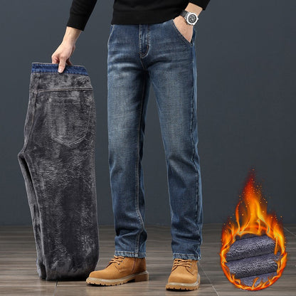 2024 Winter Warm Jeans Men's Fleece Thickened Slim Straight Trousers Fashion Stretch Cotton Casual Denim Pants Brand Clothes