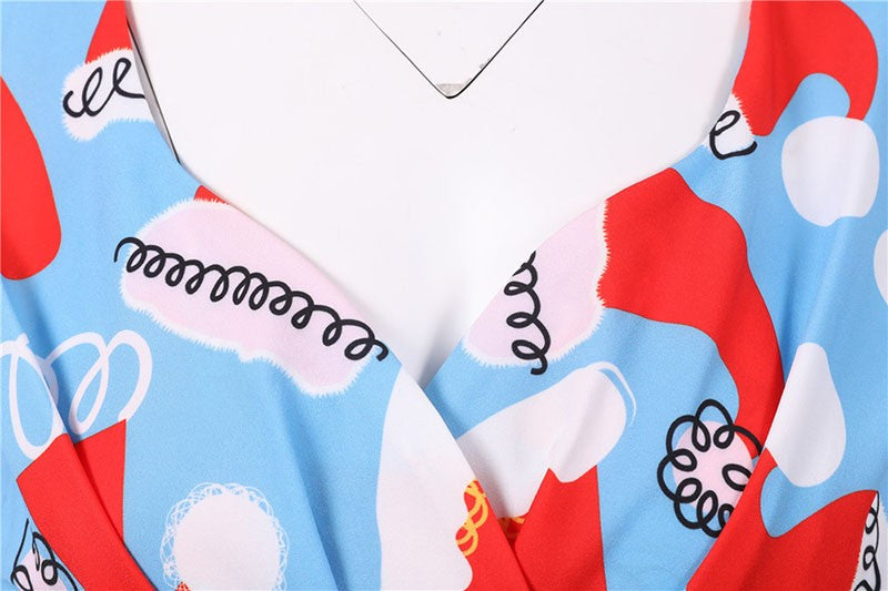 Fashion V-neck Short Sleeve Printed Christmas Dress Large Swing Vintage Elegant Xmas Party Dress
