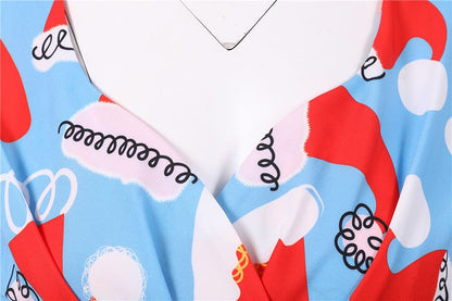 Fashion V-neck Short Sleeve Printed Christmas Dress Large Swing Vintage Elegant Xmas Party Dress