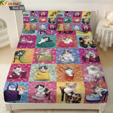 3pcs fabric splicing cute cat coreless bed sheet set, multi size bed cover bedroom bedding, holiday decoration, machine washable