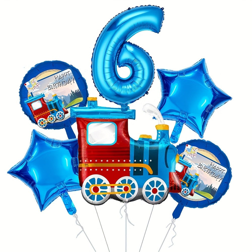 6pcs Retro train Balloon Set Blue Digital 0-9 Foil Balloon Cartoon Train Balloon Birthday Party Decoration Supplies Baby Shower