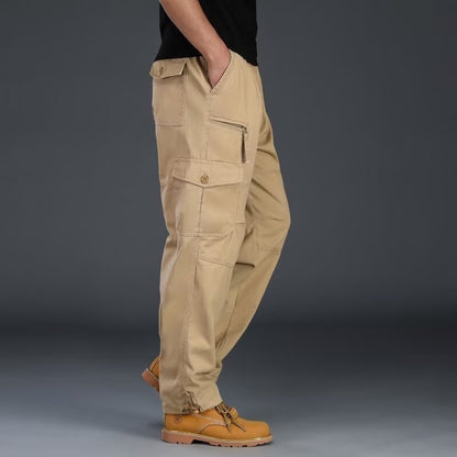 Calça Cargo Masculina de Moda Casual Esportiva com Muitos Bolsos Calça Masculina Solta Reta Elástica Calça Utilitária Versátil e Confortável