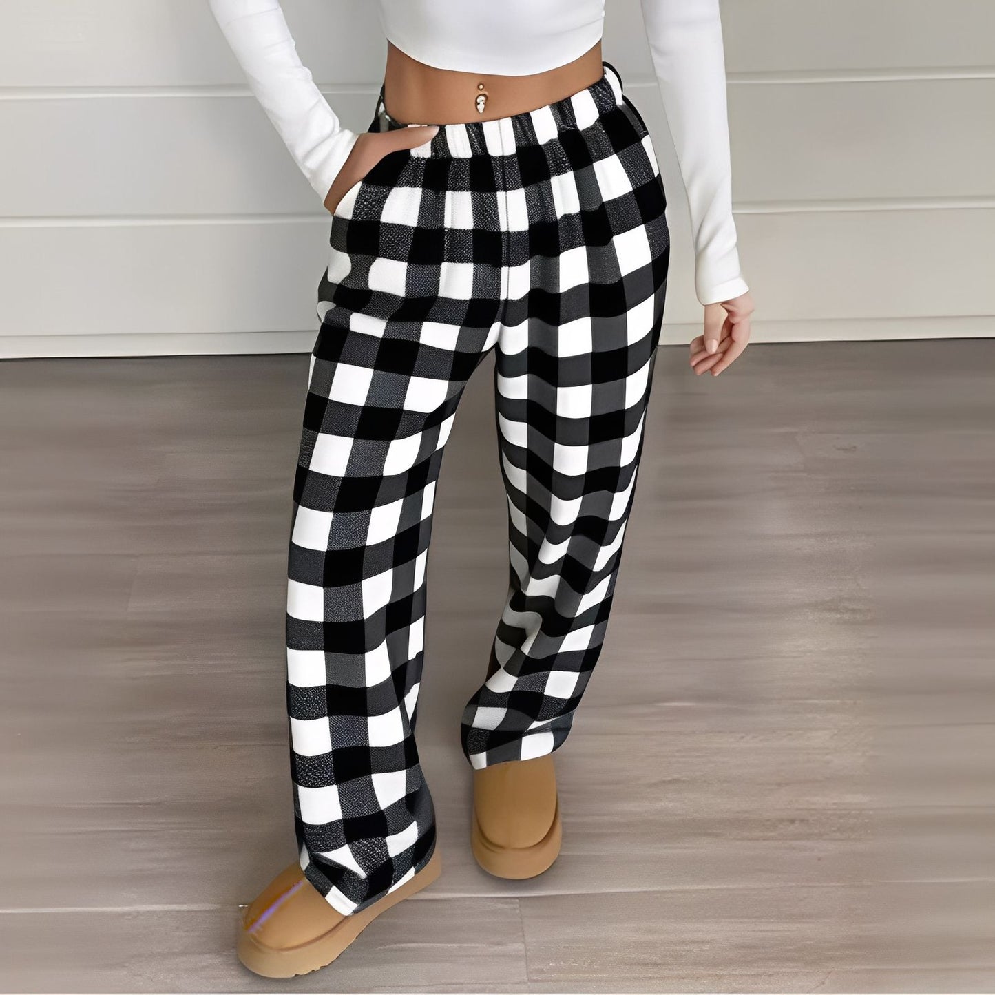 Women Pajama Pants Yoga Pants Elastic Waist Fuzzy Fleece Plaid Bottoms Soft Lounge Sleepwear With Pockets Plush Pajamas Pants