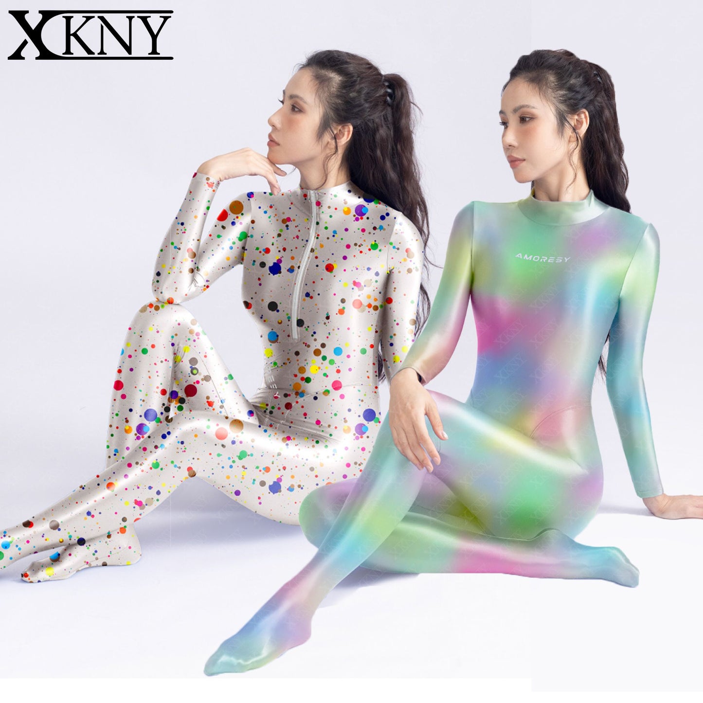 AMORESY Satin Glossy tights colourful Glossy bodysuit Silk Smooth Long sleeved zipper full body suit