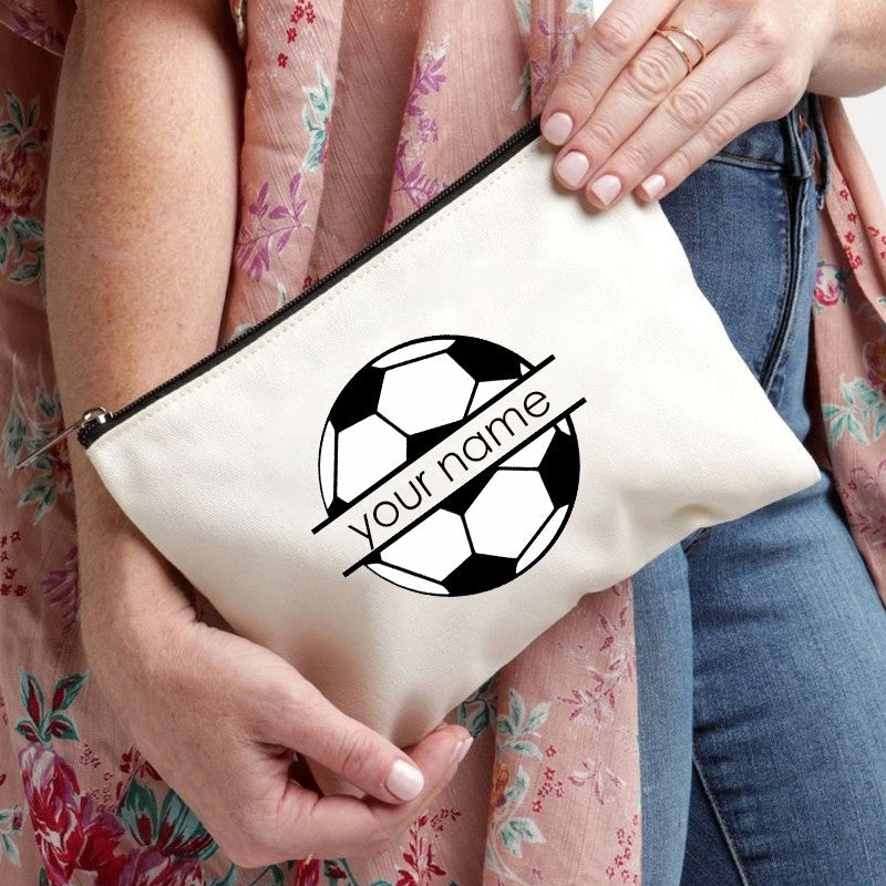 Basketball Football Custom Name Canvas Cosmetic Bag Organizer Travel Sundries Storage Zipper Pouch Wallet Gift for Sports Lovers