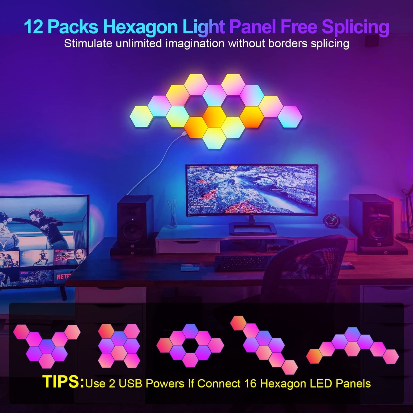 Hexagon Wall Lights, Smart LED Light Panels with App & Remote, DIY Room Decor for Autism, Game Room Decor, Party, Gifts, 12 Pack