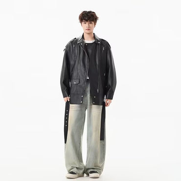 American Retro High Street Loose Motorcycle Biker Black Pu Faux Leather Jackets with Belt Spring Autumn Male Zipper Coat Outwear