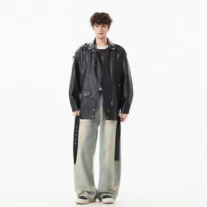 American Retro High Street Loose Motorcycle Biker Black Pu Faux Leather Jackets with Belt Spring Autumn Male Zipper Coat Outwear